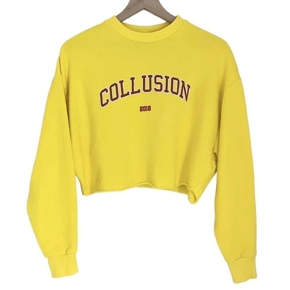 Collusion Women's Cropped Oversized Crew Neck‎ Sweatshirt in Yellow Size 0